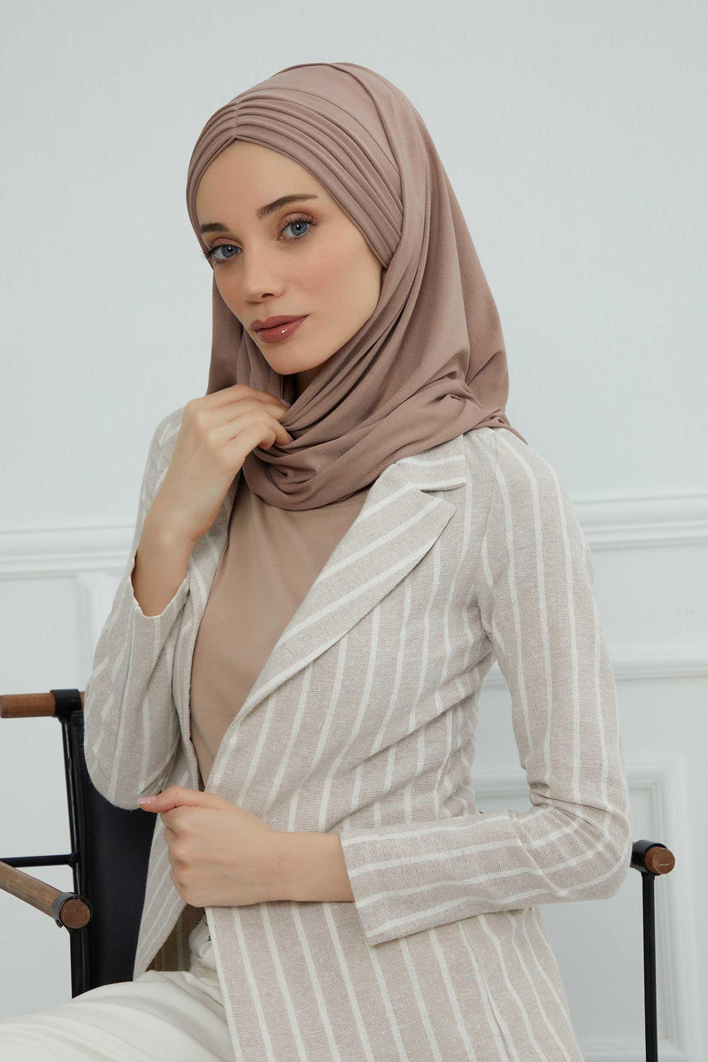 Jersey Shawl for Women Instant Cotton Head Wrap Shirred Scarf Turban,CPS-41 Mink