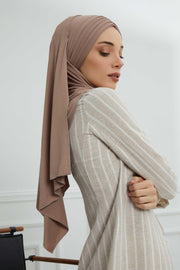 Jersey Shawl for Women Instant Cotton Head Wrap Shirred Scarf Turban,CPS-41 Mink