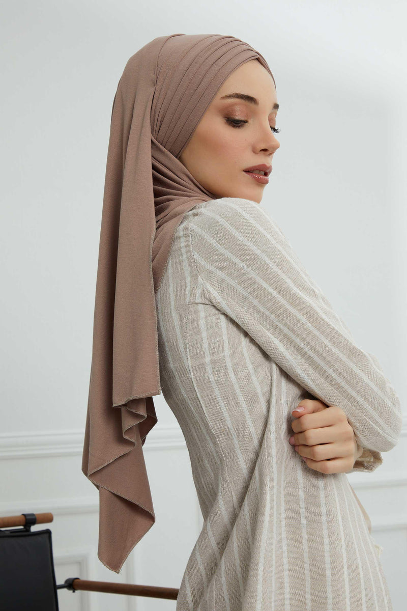 Jersey Shawl for Women Instant Cotton Head Wrap Shirred Scarf Turban,CPS-41 Mink