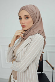 Jersey Shawl for Women Instant Cotton Head Wrap Shirred Scarf Turban,CPS-41 Mink