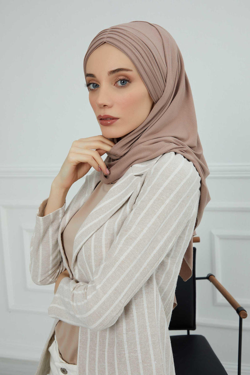 Jersey Shawl for Women Instant Cotton Head Wrap Shirred Scarf Turban,CPS-41 Mink