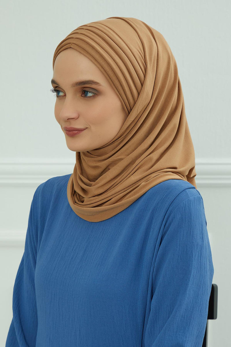 Jersey Shawl for Women Instant Cotton Head Wrap Shirred Scarf Turban,CPS-41 Mink