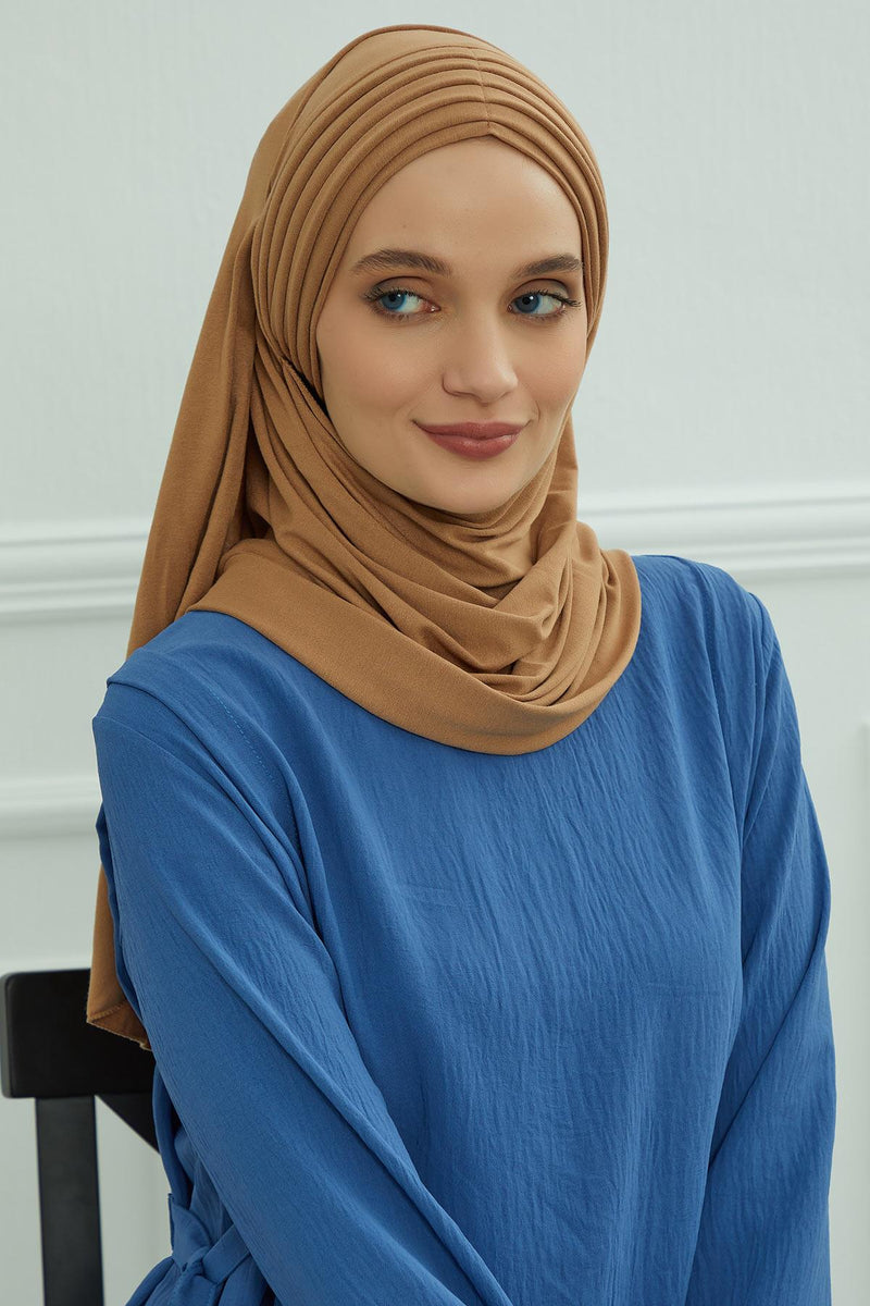 Jersey Shawl for Women Instant Cotton Head Wrap Shirred Scarf Turban,CPS-41 Mink