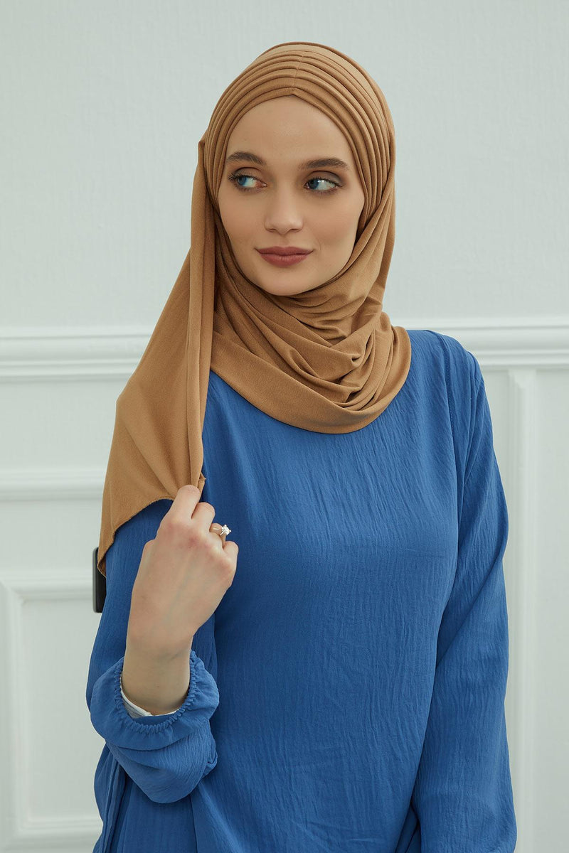 Jersey Shawl for Women Instant Cotton Head Wrap Shirred Scarf Turban,CPS-41 Mink