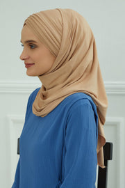 Jersey Shawl for Women Instant Cotton Head Wrap Shirred Scarf Turban,CPS-41 Sand Brown