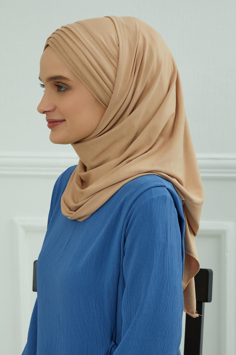 Jersey Shawl for Women Instant Cotton Head Wrap Shirred Scarf Turban,CPS-41 Sand Brown