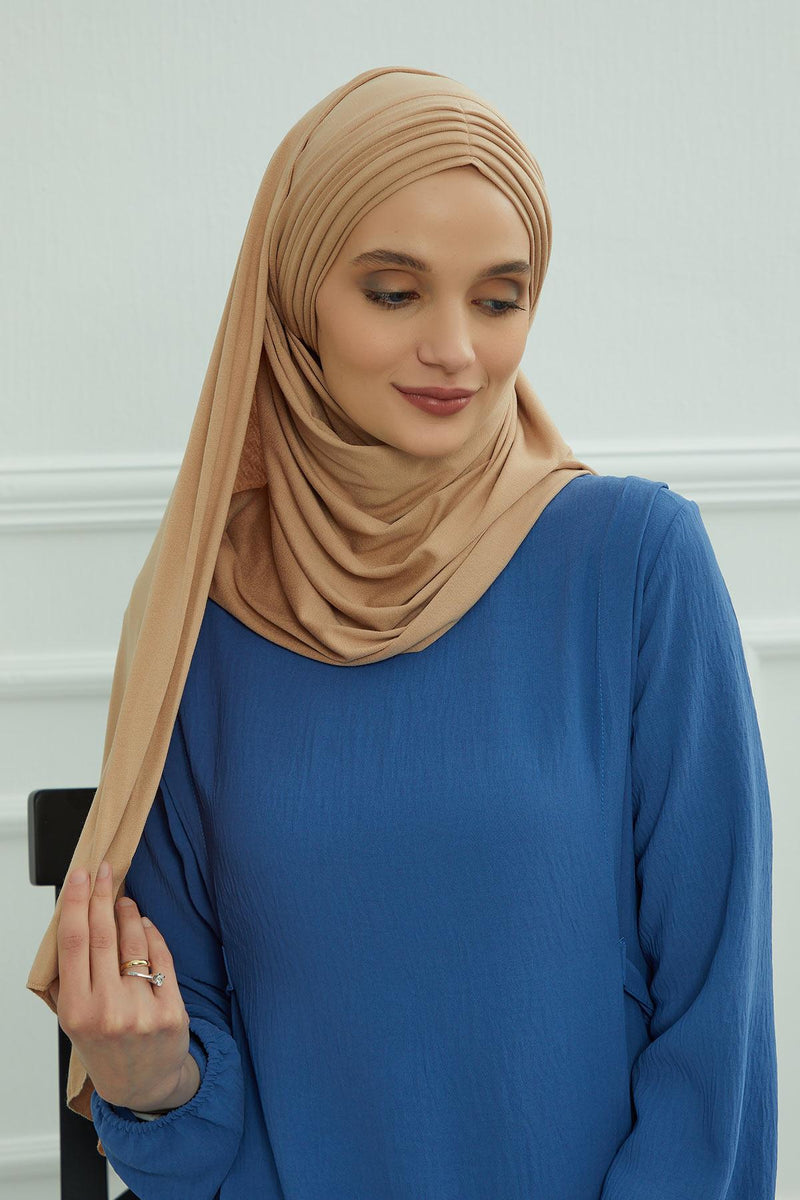 Jersey Shawl for Women Instant Cotton Head Wrap Shirred Scarf Turban,CPS-41 Sand Brown