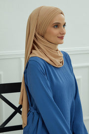 Jersey Shawl for Women Instant Cotton Head Wrap Shirred Scarf Turban,CPS-41 Sand Brown