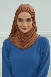 Jersey Shawl for Women Instant Cotton Head Wrap Shirred Scarf Turban,CPS-41 Sand Brown