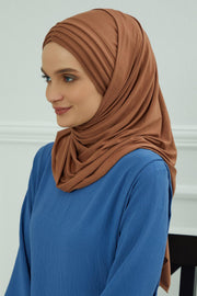 Jersey Shawl for Women Instant Cotton Head Wrap Shirred Scarf Turban,CPS-41 Sand Brown