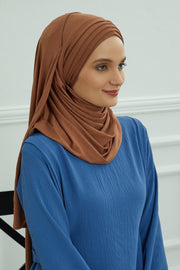 Jersey Shawl for Women Instant Cotton Head Wrap Shirred Scarf Turban,CPS-41 Sand Brown