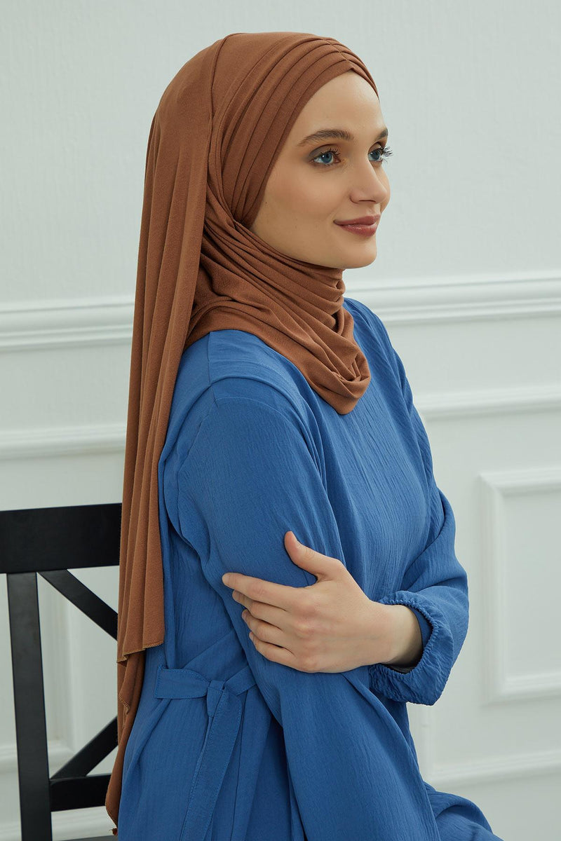 Jersey Shawl for Women Instant Cotton Head Wrap Shirred Scarf Turban,CPS-41 Sand Brown
