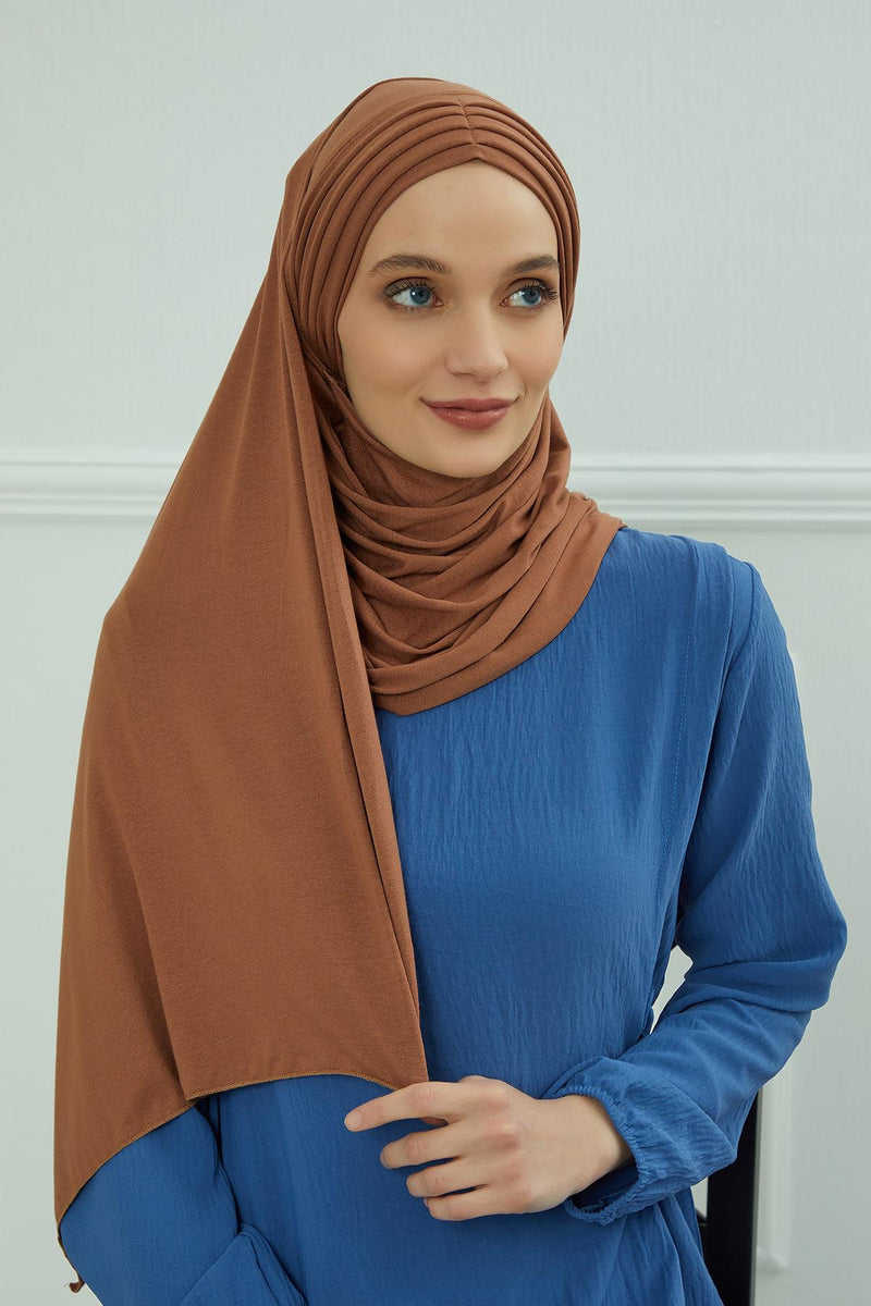 Jersey Shawl for Women Instant Cotton Head Wrap Shirred Scarf Turban,CPS-41 Sand Brown