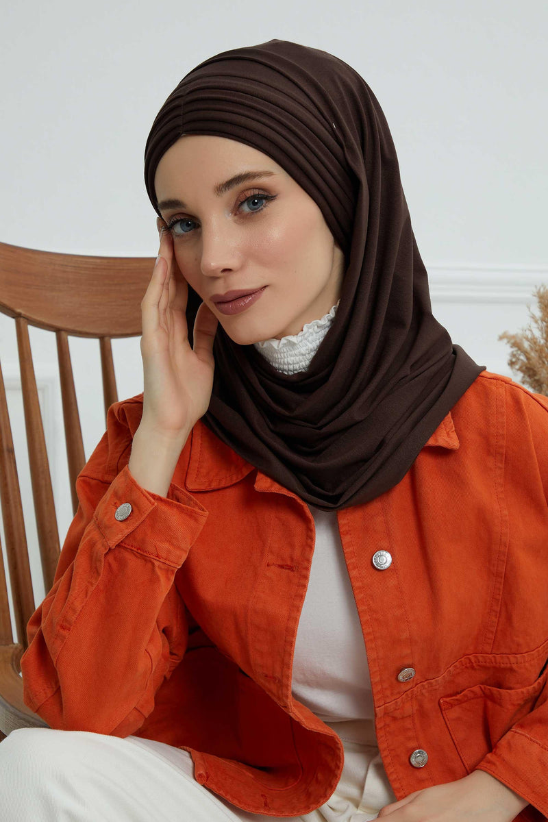 Jersey Shawl for Women Instant Cotton Head Wrap Shirred Scarf Turban,CPS-41 Sand Brown