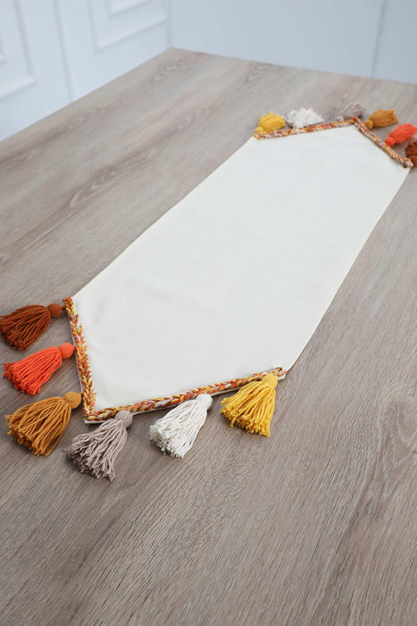 Knit Fabric Table Runner with Handmade Colorful Big Tassels 12x36 inches Machine Washable Fringed Handicraft Table Cloth,R-48K
