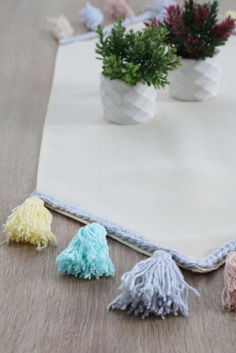 Knit Fabric Table Runner with Handmade Colorful Big Tassels 16 x 48 inches Machine Washable Table Cloth for Home Kitchen Decorations,R-48O