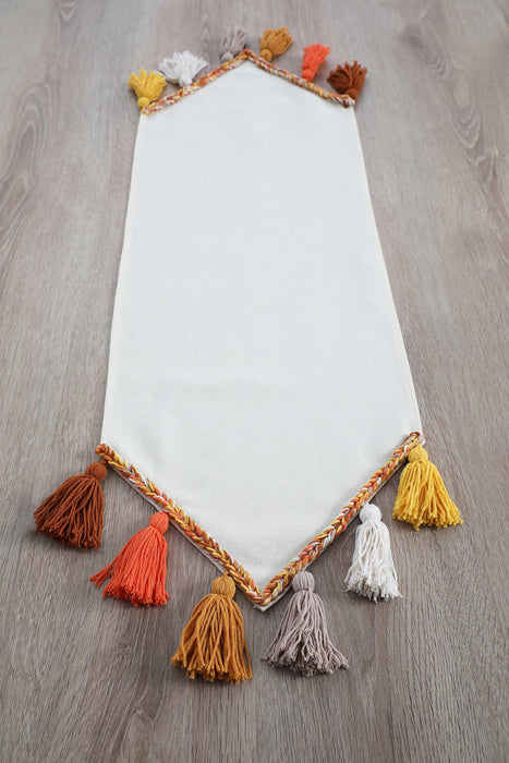 Knit Fabric Table Runner with Handmade Colorful Big Tassels 16 x 48 inches Machine Washable Table Cloth for Home Kitchen Decorations,R-48O