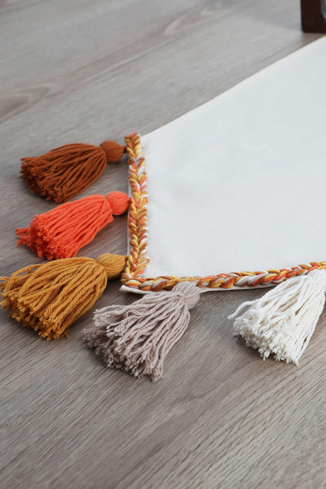 Knit Fabric Table Runner with Handmade Colorful Big Tassels 16 x 48 inches Machine Washable Table Cloth for Home Kitchen Decorations,R-48O