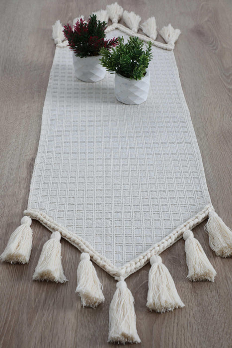 Knit Fabric Table Runner with Handmade Colorful Big Tassels 16 x 48 inches (40 x 120 cm) Machine Washable Table Cloth for Home Kitchen Decorations Parties, BBQ's, Everyday, Holidays,R-50O