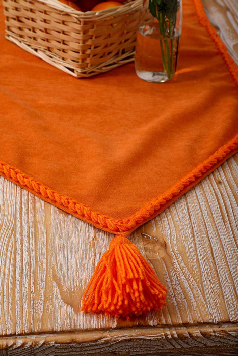 Knit Fabric Table Runner with Handmade Embroidery and Tassels 16x48 inches (40x120 cm) Machine Washable Handicraft Table Cloth,R-31O