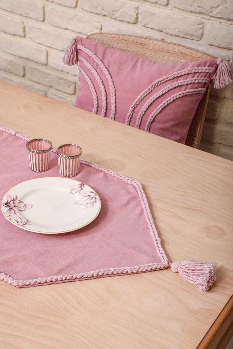 Knit Fabric Table Runner with Handmade Embroidery and Tassels Handicraft Table Cloth for Home Kitchen Decorations Wedding, Everyday,R-31K