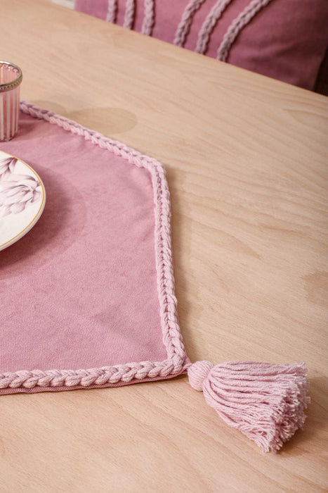 Knit Fabric Table Runner with Handmade Embroidery and Tassels Handicraft Table Cloth for Home Kitchen Decorations Wedding, Everyday,R-31K