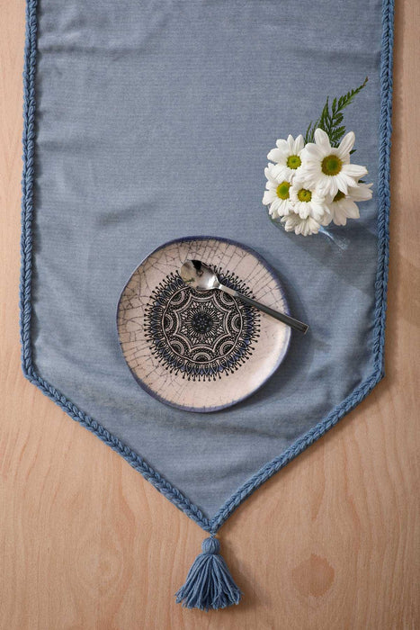 Knit Fabric Table Runner with Handmade Embroidery and Tassels Handicraft Table Cloth for Home Kitchen Decorations Wedding, Everyday,R-31K
