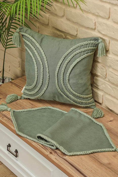 Knit Fabric Table Runner with Handmade Embroidery and Tassels Handicraft Table Cloth for Home Kitchen Decorations Wedding, Everyday,R-31K