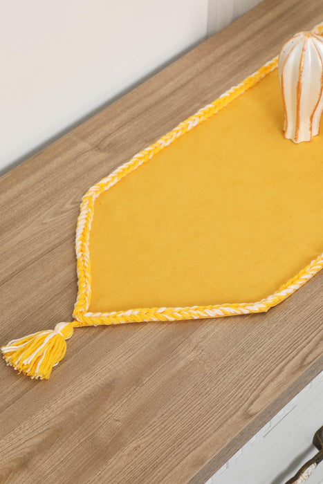 Knit Fabric Table Runner with Handmade Embroidery and Tassels Handicraft Table Cloth for Home Kitchen Decorations Wedding, Everyday,R-31K