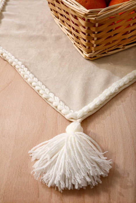 Knit Fabric Table Runner with Handmade Embroidery and Tassels Handicraft Table Cloth for Home Kitchen Decorations Wedding, Everyday,R-31K
