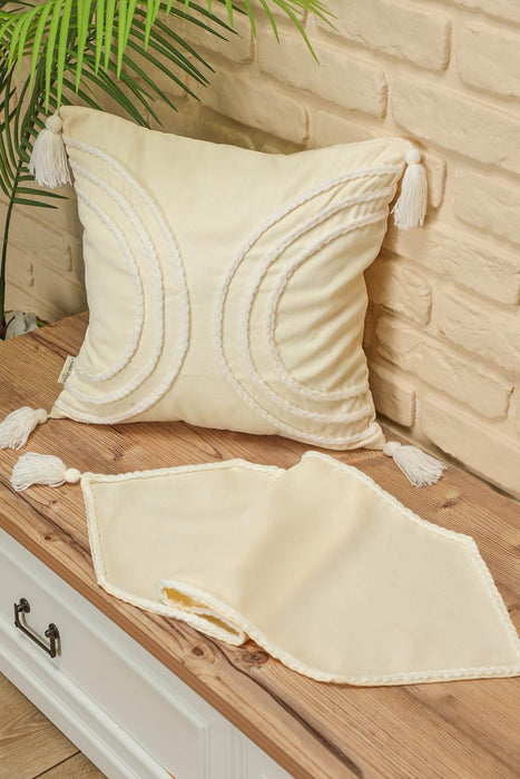 Knit Fabric Table Runner with Handmade Embroidery and Tassels Handicraft Table Cloth for Home Kitchen Decorations Wedding, Everyday,R-31K