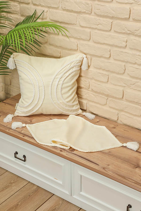Knit Fabric Table Runner with Handmade Embroidery and Tassels Handicraft Table Cloth for Home Kitchen Decorations Wedding, Everyday,R-31K