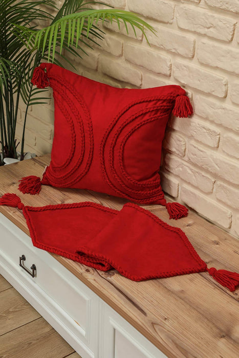 Knit Fabric Table Runner with Handmade Embroidery and Tassels Handicraft Table Cloth for Home Kitchen Decorations Wedding, Everyday,R-31K