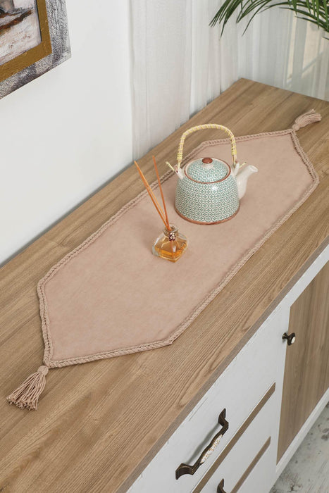 Knit Fabric Table Runner with Handmade Embroidery and Tassels Handicraft Table Cloth for Home Kitchen Decorations Wedding, Everyday,R-31K