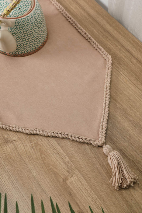 Knit Fabric Table Runner with Handmade Embroidery and Tassels Handicraft Table Cloth for Home Kitchen Decorations Wedding, Everyday,R-31K