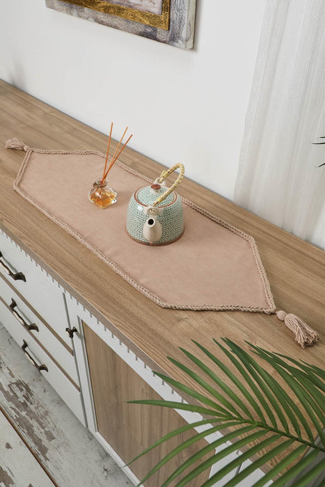 Knit Fabric Table Runner with Handmade Embroidery and Tassels Handicraft Table Cloth for Home Kitchen Decorations Wedding, Everyday,R-31K