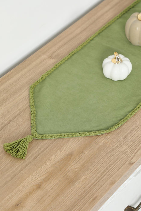 Knit Fabric Table Runner with Handmade Embroidery and Tassels Handicraft Table Cloth for Home Kitchen Decorations Wedding, Everyday,R-31K