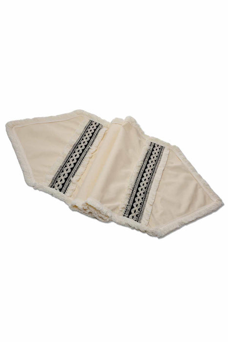 Linen Textured Fabric Table Runner with Handmade Embroidery and Tassels 30x90 cm Machine Washable Handicraft Decorative Table Cloth,R-30K