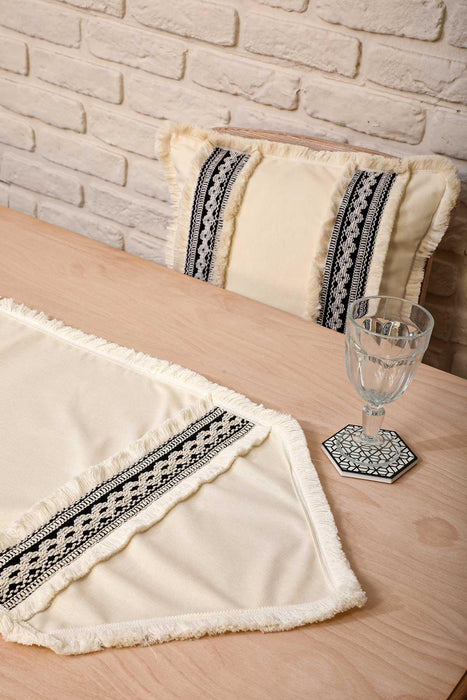 Linen Textured Fabric Table Runner with Handmade Embroidery and Tassels  Machine Washable Handicraft Table Cloth for Home,R-30O