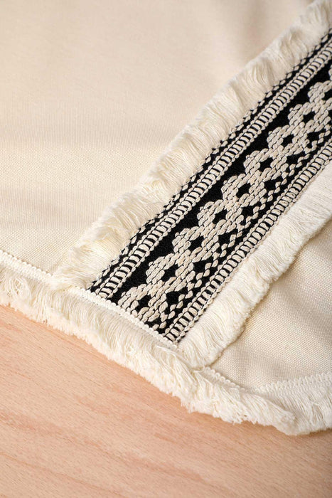Linen Textured Fabric Table Runner with Handmade Embroidery and Tassels  Machine Washable Handicraft Table Cloth for Home,R-30O