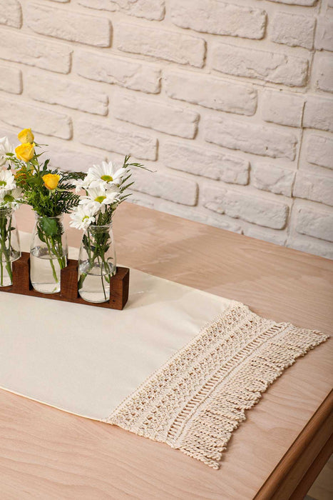 Linen Textured Fabric Table Runner with Lace Embroidery and Tassels 40x120 cm Machine Washable Handicraft Table Cloth for Home,R-29O
