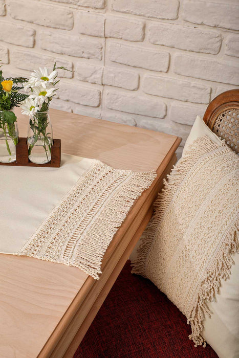 Linen Textured Fabric Table Runner with Lace Embroidery and Tassels 40x120 cm Machine Washable Handicraft Table Cloth for Home,R-29O