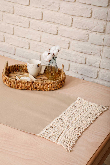 Linen Textured Fabric Table Runner with Lace Embroidery and Tassels 40x120 cm Machine Washable Handicraft Table Cloth for Home,R-29O