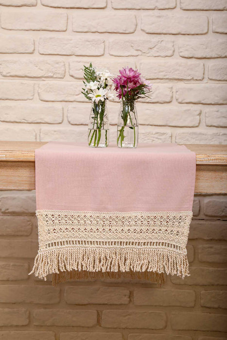 Linen Textured Fabric Table Runner with Lace Embroidery and Tassels 40x140 cm Machine Washable Handicraft Table Cloth for Home,R-29B