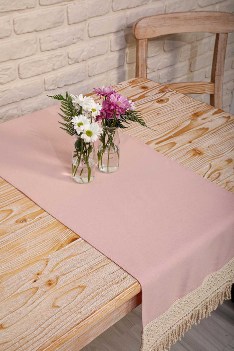 Linen Textured Fabric Table Runner with Lace Embroidery and Tassels 40x140 cm Machine Washable Handicraft Table Cloth for Home,R-29B