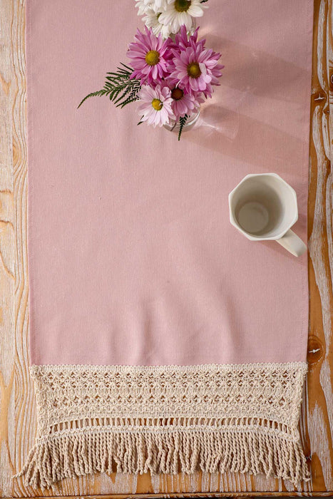 Linen Textured Fabric Table Runner with Lace Embroidery and Tassels 30x90 cm Machine Washable Handicraft Table Cloth for Home,R-29K