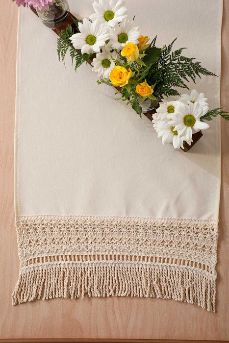 Linen Textured Fabric Table Runner with Lace Embroidery and Tassels 30x90 cm Machine Washable Handicraft Table Cloth for Home,R-29K