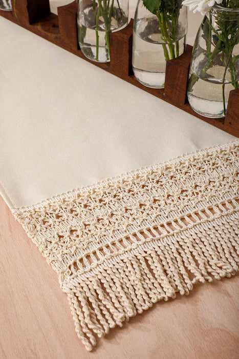 Linen Textured Fabric Table Runner with Lace Embroidery and Tassels 30x90 cm Machine Washable Handicraft Table Cloth for Home,R-29K