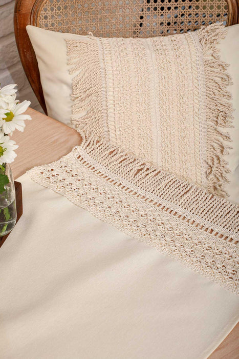 Linen Textured Fabric Table Runner with Lace Embroidery and Tassels 30x90 cm Machine Washable Handicraft Table Cloth for Home,R-29K