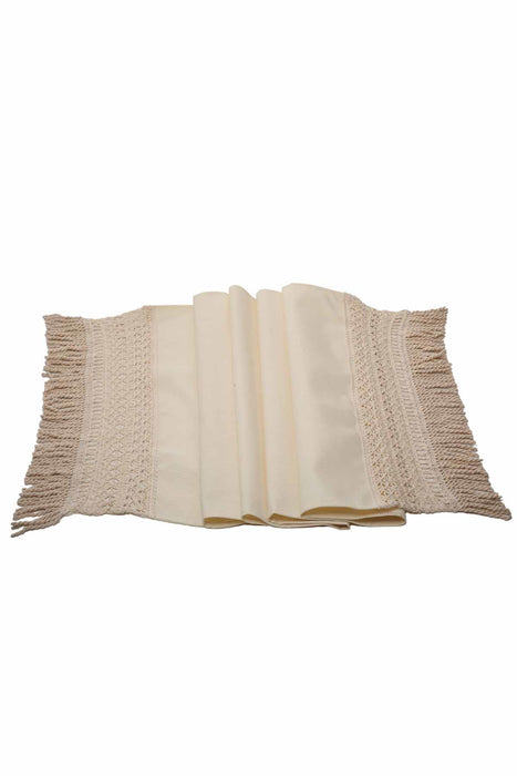 Linen Textured Fabric Table Runner with Lace Embroidery and Tassels 30x90 cm Machine Washable Handicraft Table Cloth for Home,R-29K